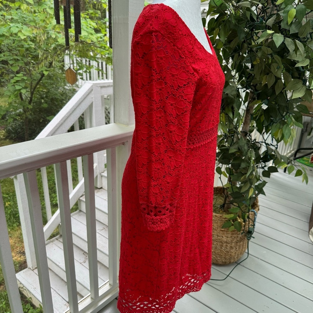 ALFANI solid red floral crochet lace overlay 3/4 sleeve dress-S - Picture 3 of 8